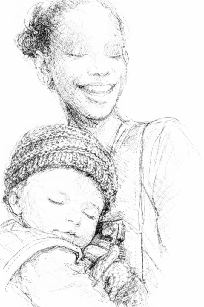 Black and white illustration of a mother and daughter for The Pearl Crown luxury motherhood lifestyle blog