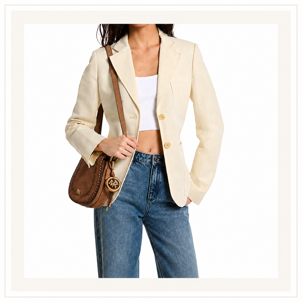 Luxury linen blazer for women featuring polished tailoring and relaxed everyday sophistication